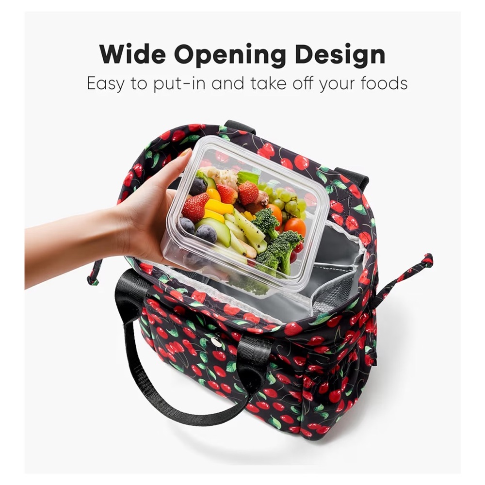 Black Cherry Print Drawstring Insulated Lunch Tot… - image 6